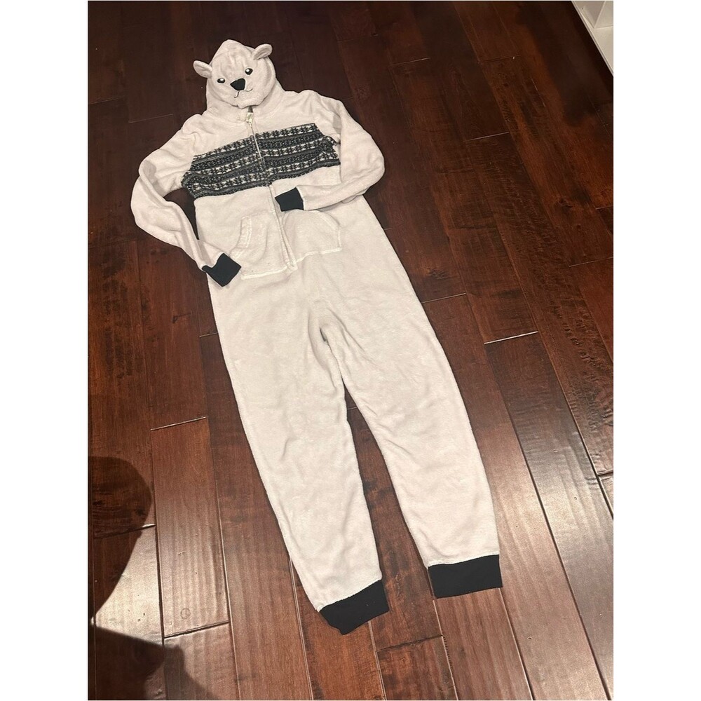Pajama Plush Bear-Hood Onesie in Black and off white Size M